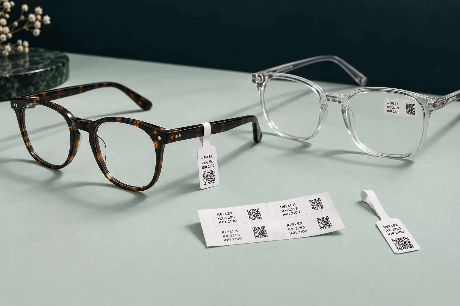 Optical frames with a loop price tag and lens sticker, alongside a strip of QR labels
