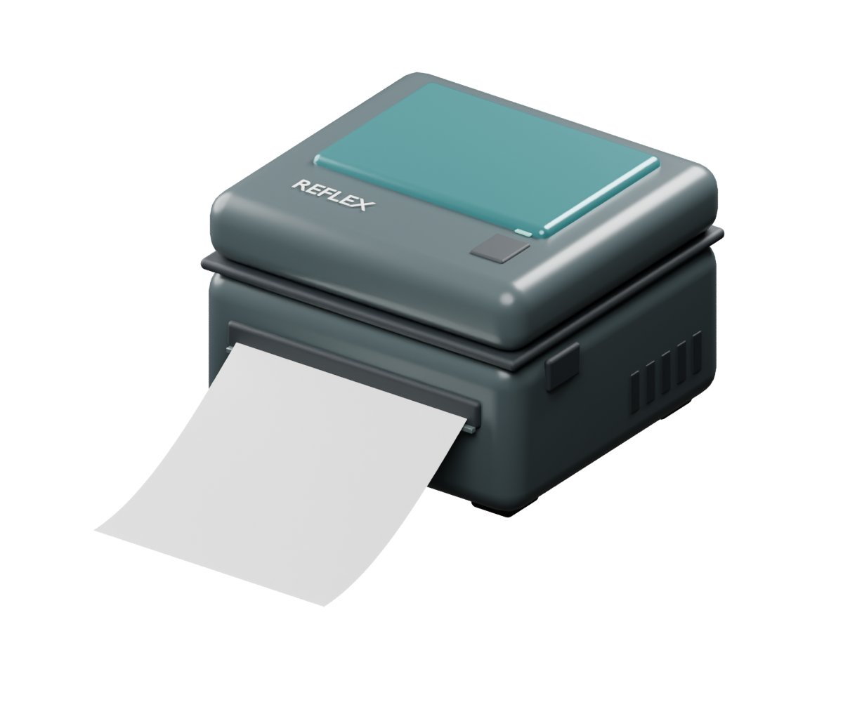 Reflex thermal printer with a strip of labels