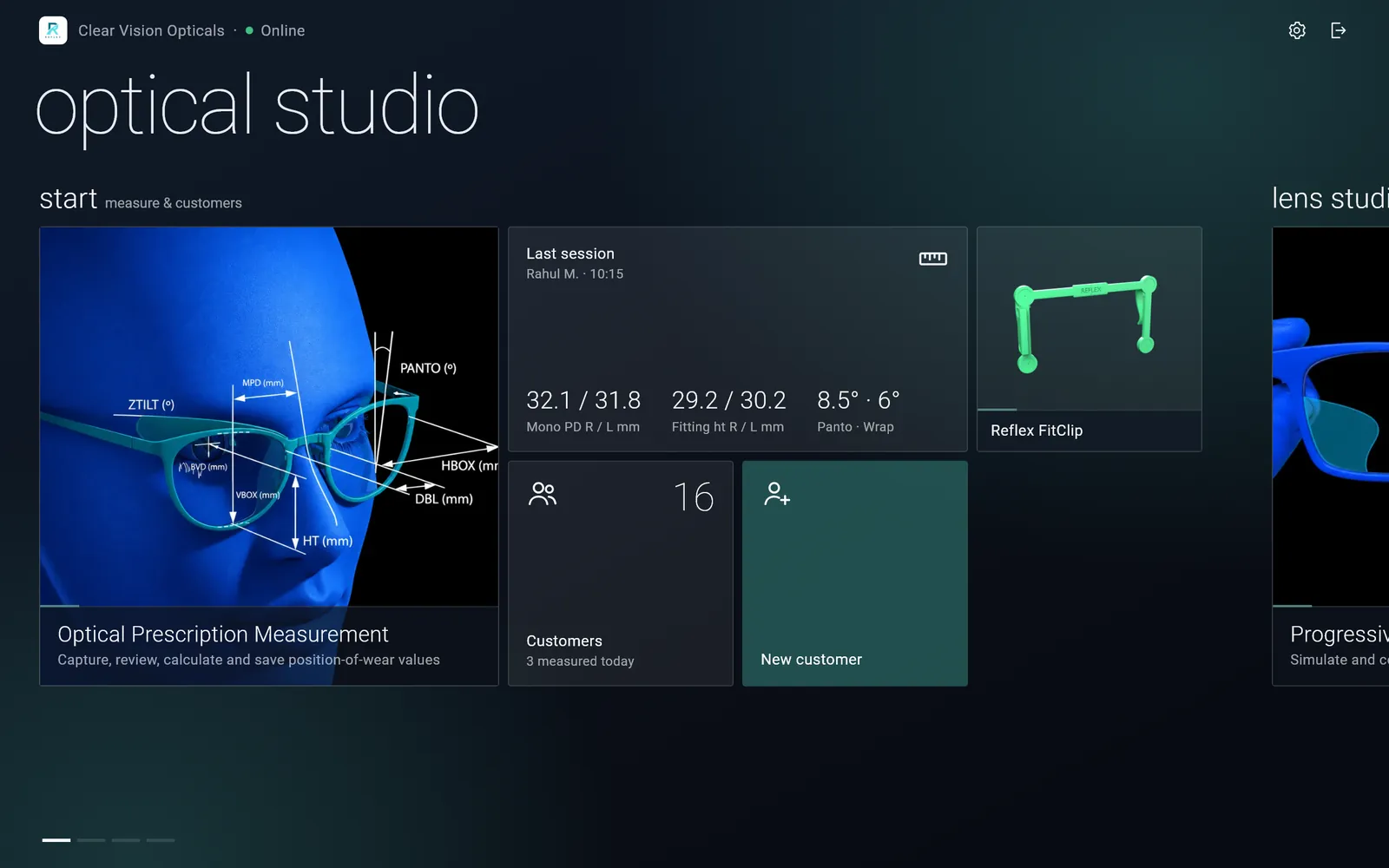 Reflex OptiFit studio home screen